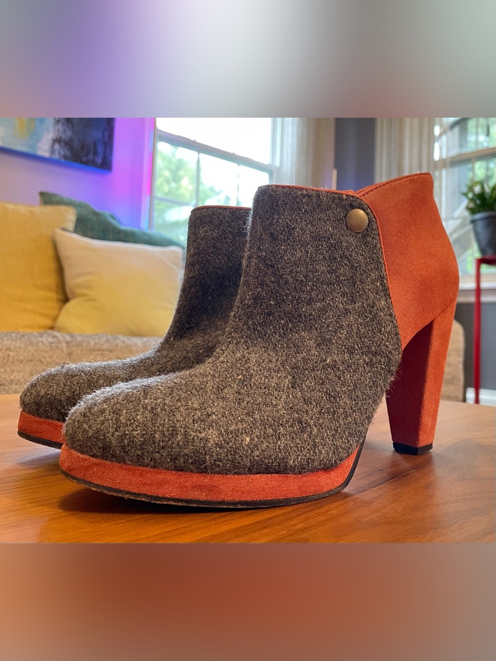 Gray Felt and Rust Suede Block Heel Mules